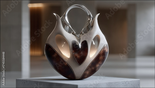 Futuristic luxury handbag with sculptural heart-shaped design, metallic handle and leather details, elegant modern fashion accessory with glowing light, high-end designer bag on pedestal
