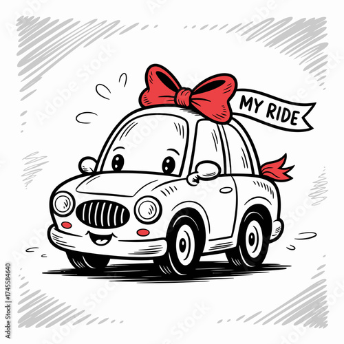Vector art of a cute, smiling cartoon car with a big red bow on top and a banner that says my ride, perfect for a childs drawing or a fun transportation theme