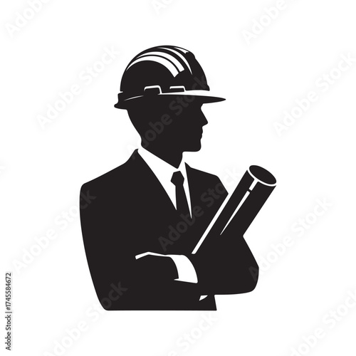 construction foreman with blueprint vector silhouette clip art logo design illustration