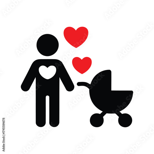 Loving parent with baby stroller and hearts icon. man with heart icons
