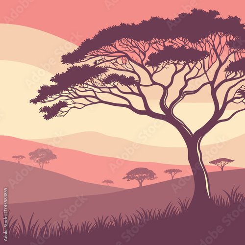 Vector art of african savanna landscape with tree