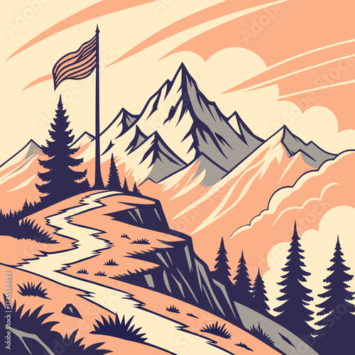 Vector art of american flag on mountain peak
