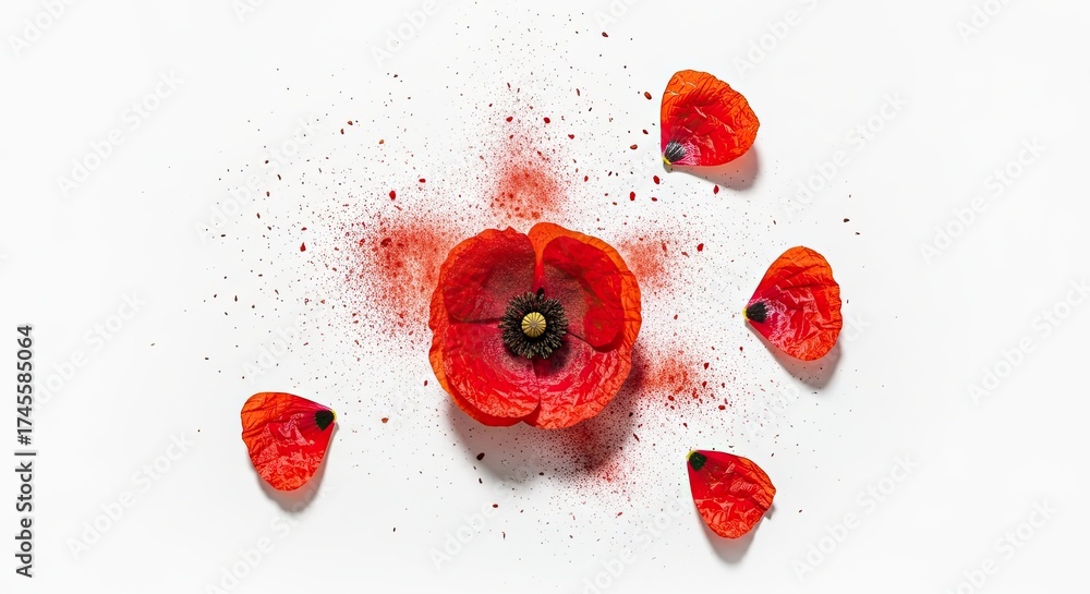 Fototapeta premium Beautiful Red Poppy Flower Scattered Petals and Powder