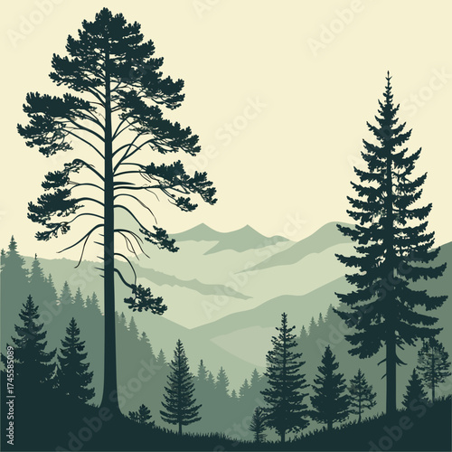 Vector art of coniferous forest with mountain view