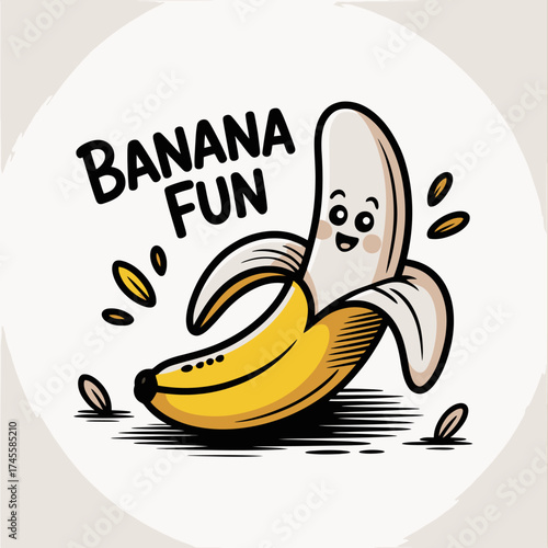 Vector art of cute cartoon banana character with a smiling face and the text banana fun written above, isolated on a, representing a fun and playful concept
