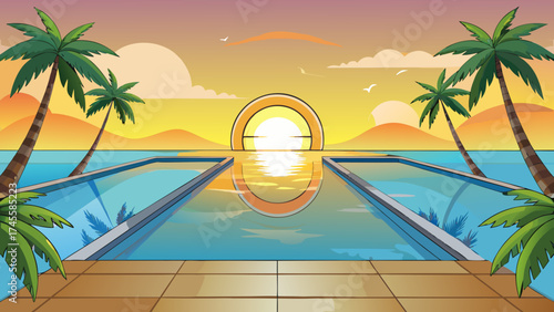 topical beach sunrise with palm trees reflected in a serene infinity pool at a seaside resort