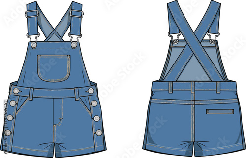 Technical fashion illustration of denim short overalls front and back view with bib pocket, adjustable straps, waistband buttons, seam details, garment design