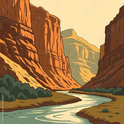 Vector art of grand canyon with river landscape