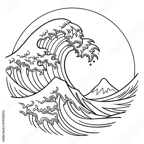 Vector art of great wave in black and white