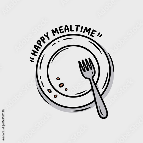 Vector art of a simple, handdrawn illustration of a plate with a fork and the text happy mealtime above it, perfect for foodrelated themes and culinary designs