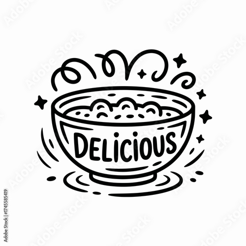 Vector art of a handdrawn illustration of a bowl filled with food, with the word delicious written on the bowl, surrounded by steam and stars
