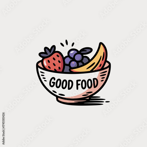 Vector art of a vibrant and healthy bowl overflowing with fresh fruits like strawberries, grapes, and a banana, symbolizing good food and a nutritious lifestyle