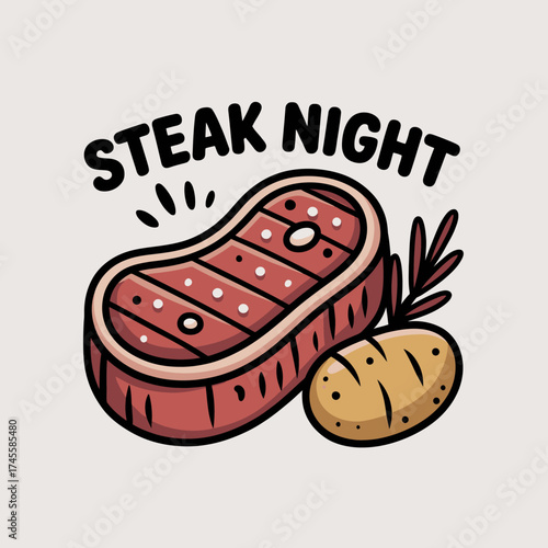 Vector art of steak night illustration featuring a raw tbone steak with grill marks and a baked potato with a sprig of rosemary, perfect for culinary themes and restaurant promotions