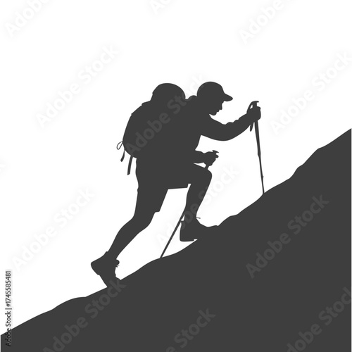 Silhouette of a hiker with a backpack climbing a steep mountain slope silhouette