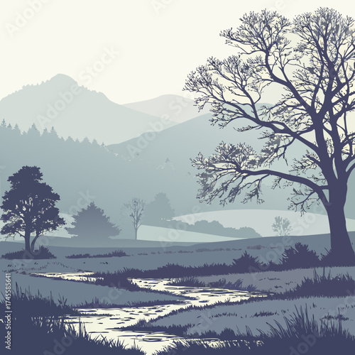 Vector art of mountain landscape with river