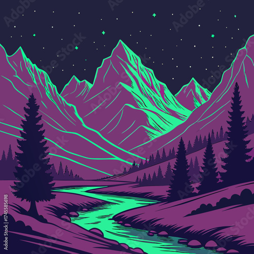 Vector art of night landscape with river view