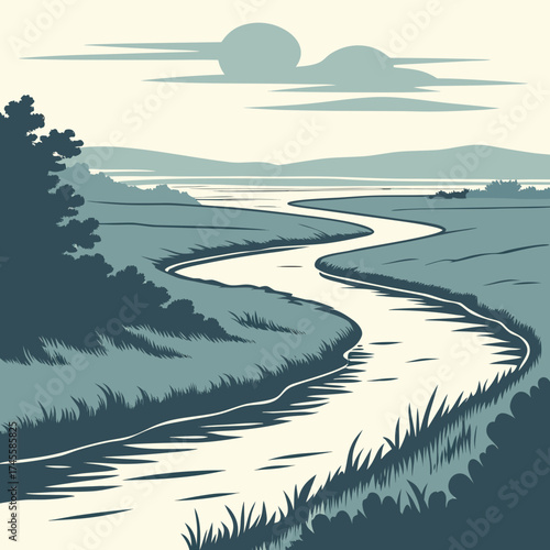 Vector art of river landscape with fields
