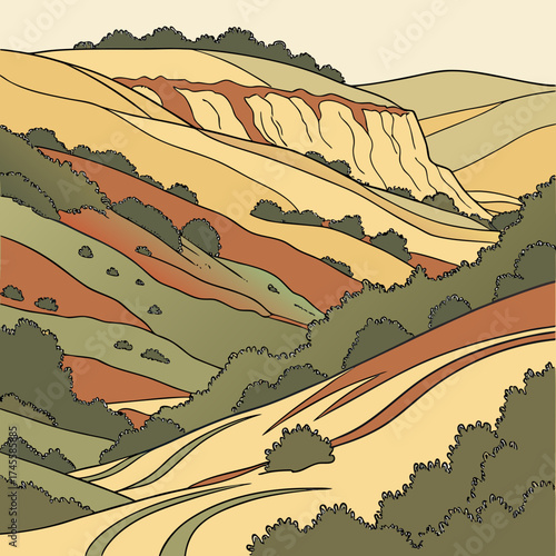 Vector art of rolling hills with trees and cliff
