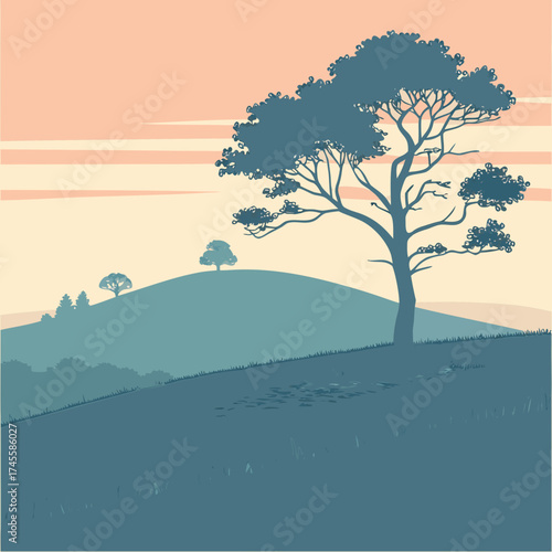 Vector art of silhouette tree on hill scenery