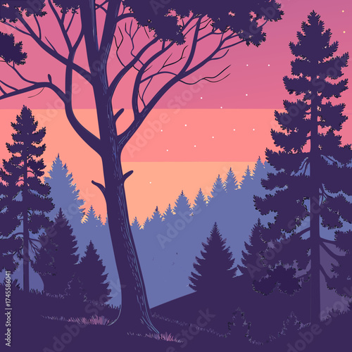 Vector art of sunset in the forest