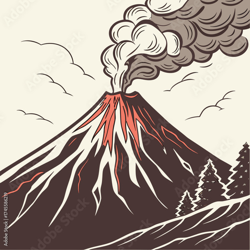 Vector art of volcano eruption with smoke and lava