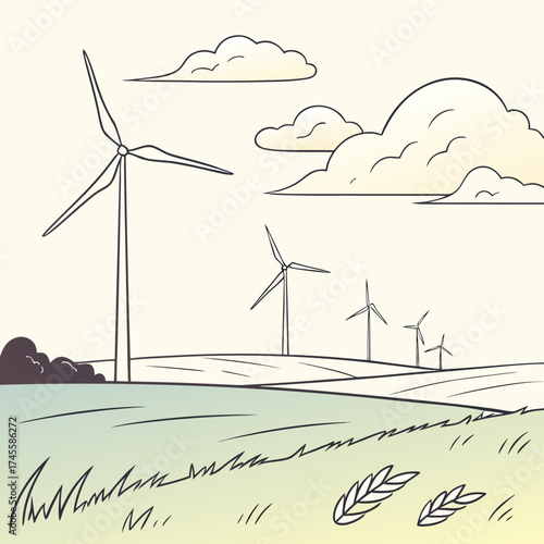 Vector art of wind turbines on a field