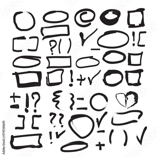 Collection of hand drawn doodle shapes and symbols including circles squares rectangles checkmarks and question marks