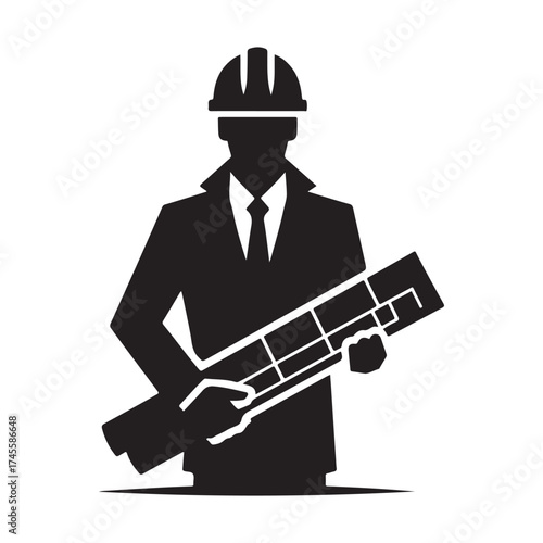 construction foreman with blueprint vector silhouette clip art logo design illustration