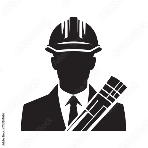 construction foreman with blueprint vector silhouette clip art logo design illustration