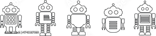 Retro robot icon set in line style vector Group and collection of vintage androids, droids, bots, cyborgs, mechanical machines and humanoid robots.