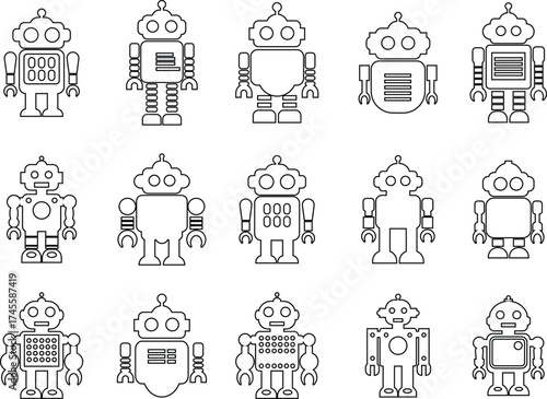 Retro robot icon set in line style vector Group and collection of vintage androids, droids, bots, cyborgs, mechanical machines and humanoid robots.