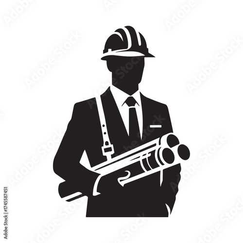construction foreman with blueprint vector silhouette clip art logo design illustration