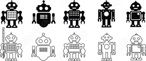Retro robot black icon set in flat and line style vector Group and collection of vintage androids, droids, bots, cyborgs, mechanical machines and humanoid robots.