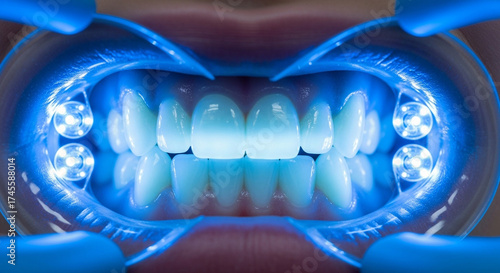 Closeup persons teeth undergoing professional teeth whitening procedure with blue led light dental lamp and mouth retractor