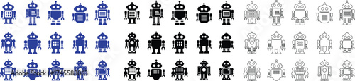 Retro robot black and blue icon set in flat and line style vector Group and collection of vintage androids, droids, bots, cyborgs, mechanical machines and humanoid robots.