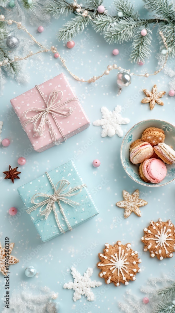 Fototapeta premium A blue and pink gift box with a bow on top