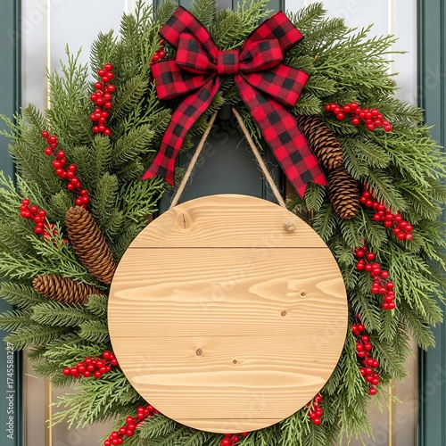 Festive christmas wreath with blank wooden sign and buffalo plaid bow