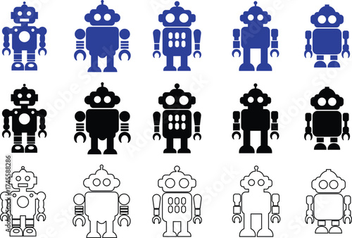 Retro robot black and blue icon set in flat and line style vector Group and collection of vintage androids, droids, bots, cyborgs, mechanical machines and humanoid robots.