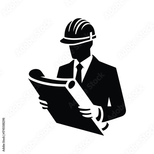 construction foreman with blueprint vector silhouette clip art logo design illustration
