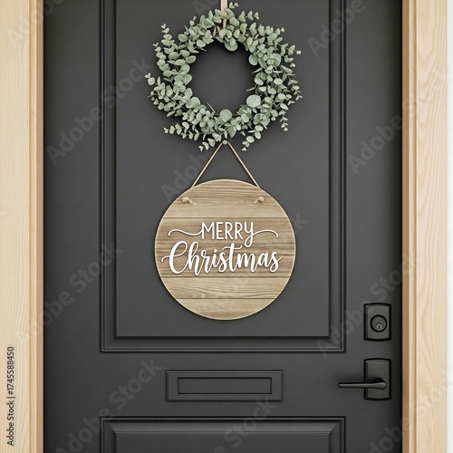 Festive christmas wreath and wooden sign on a dark front door