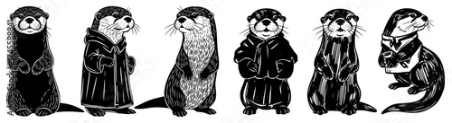 Charming Otter Character Set Engaged in Various Poses & Activities in a Cartoon Style, Perfect for Children's Education, Wildlife Conservation Projects, Animal Illustration, Storytelling, Marketing, a