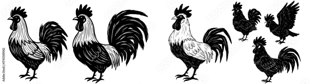 Fototapeta premium Proud Roosters Strutting: Farm Animals in Graphic Black and White Illustration Style for Agriculture Business Branding and Country Lifestyle Marketing, Symbolizing Confidence, Tradition, and Heritage