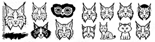 Detailed Lynx Heads Illustration Set: Feline Portrait Collection in Bold Black and White Outlines - Vector Wildlife Design for Mascot Logos, Emblem Art, Graphic Designs, Digital Projects, Brand Identi