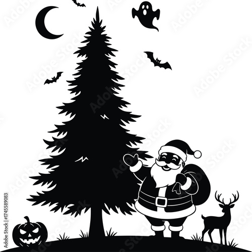 Halloween elements, festive crossover silhouette, Christmas tree, ghost, bats, pumpkin, candy cane, black and white seasonal vector illustration