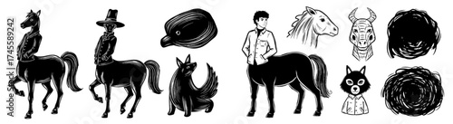 Whimsical Centaur Collection: Mythical Creatures in Formal Attire, Fantasy Illustrations, Imaginative Animal Hybrids, Hand-Drawn Designs for Storytelling, Folklore, and Creative Projects; Black and Wh