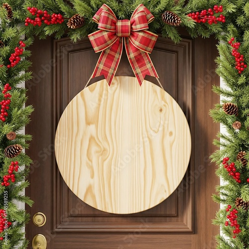 Blank wooden circle sign hanging on a christmas decorated door
