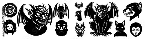 Monochrome Fantasy Creature Collage: Gargoyles, Demons, and Monsters in Black and White, Gothic Horror Concept for Halloween, Occult Designs, Dark Arts,  Urban Fantasy, Mascot Design, Tattoo Art, Horr