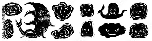 Monochromatic Monsters Set for Halloween Designs: Eerie Creatures in Black and White, Cartoonish Characters for Children's Illustrations, Horror Themed Designs, Fantasy Elements,  Spooky Patterns, Gra