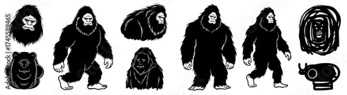 Cryptid Creature Collection: Bigfoot, Sasquatch, and Yeti Depicted in Monochromatic Silhouette Illustrations Walking, Standing, and Headshot Portraits for Folklore, Cryptozoology, and Mystery Presenta
