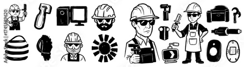 Construction Worker Illustrations with Tools and Equipment, Hard Hats, Blue Collar Tradesmen, and Industrial Machinery in a Vintage Cartoon Style for Building, Renovation, Engineering, Safety, and Ski